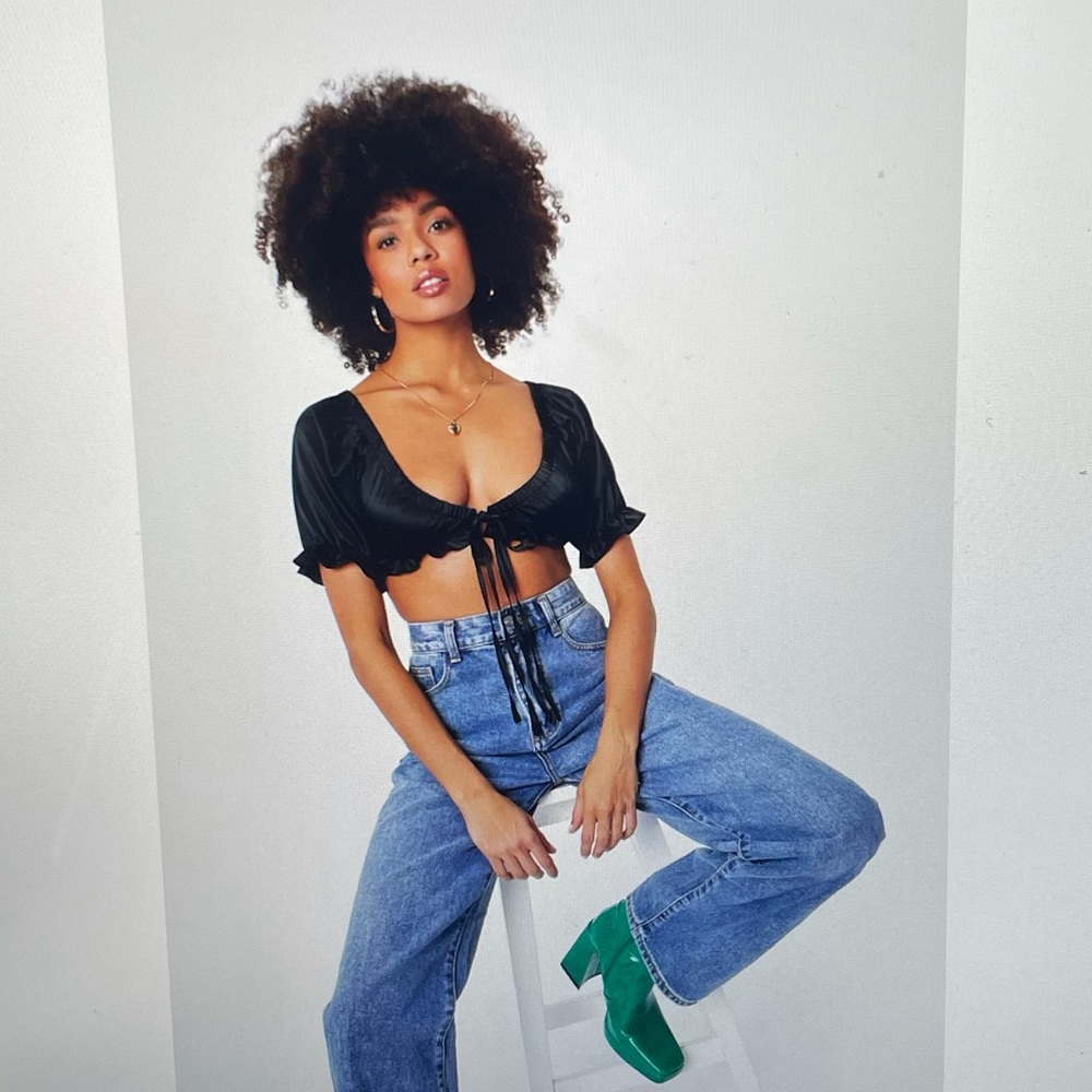 Satin Puff Sleeve Tie Crop Top